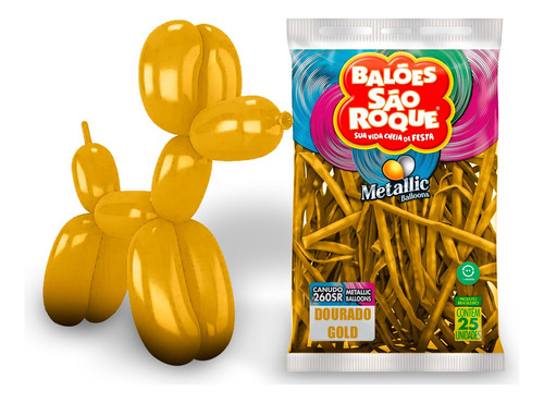 Balão Bexiga Canudo Palito 260 Cromado Cores 25 Un Modelagem Cor Dourado