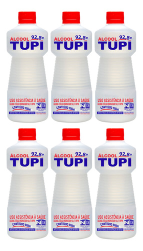 Kit 6 Álcool Líquido Tupi 92,8% 500ml Limpeza Profunda Full