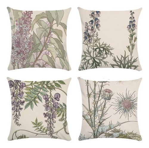 Juego 4 Fundas Cojin Arte Botánico Lilas Flor En Terciopelo Color Botanic Art
