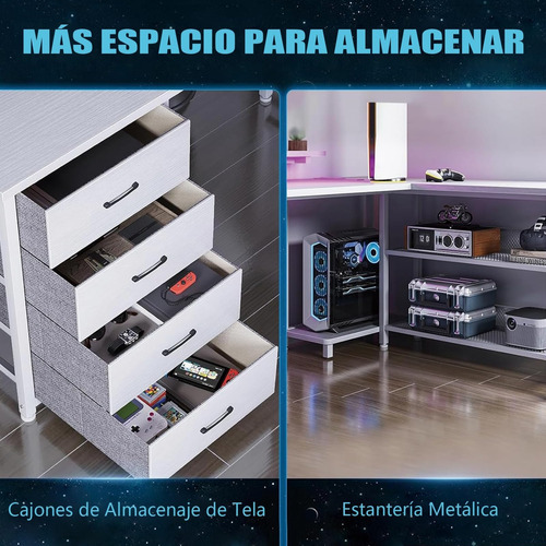 Escritorio Gamer Reversible Grande U Con Luz Led Y 4 Cajones Blanco
