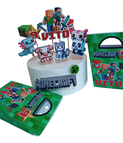 Minecraft Set Bolsita Y Adorno Para Torta Verde Minecraft Varon