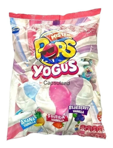 Bolsa de chupetines Arcor Mr. Pops yogus ananá frutilla y blueberry 50 unidades