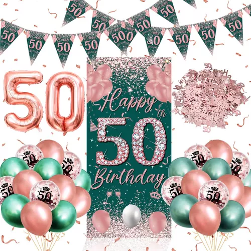 Decoración para fiesta de cumpleaños 50 para mujer, color dorado rosa,  verde, feliz cumpleaños 50 y 18 globos de cumpleaños 50 para mujeres y  hombres