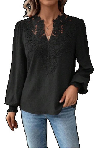 Camiseta Manga Larga De Encaje Con Cuello En V De Moda Mujer