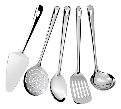 Kit 5 Utensílios Cozinha Inox  Escumadeira Concha Espátula Inox