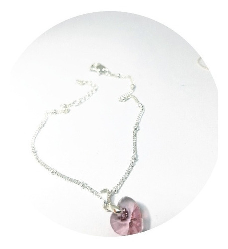 Pulsera Plata Con Dije Corazón Cristal Rosa