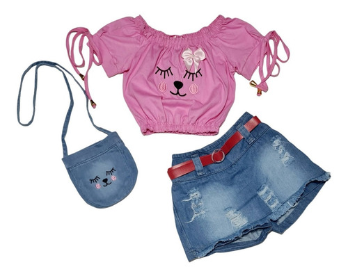 Imagem 3 de 8 de Conjunto Mini Diva Jeans Com Bolsinha Blogueirinha Verão