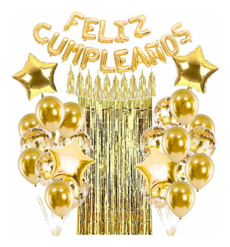 Set Decoración De Cumpleaños Globos Con Cortina Dorado 55pcs