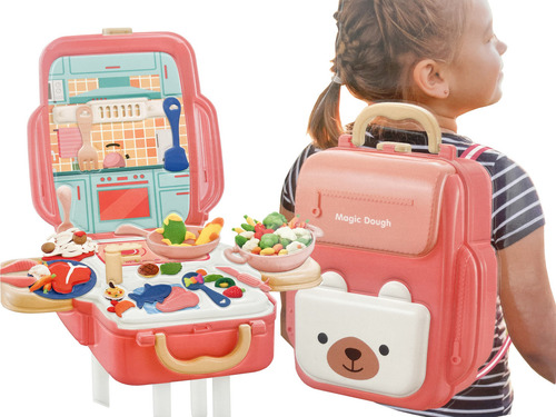 Juguete Cocina Portátil Comida Plastilina Utensilios Mochila Color Rosa