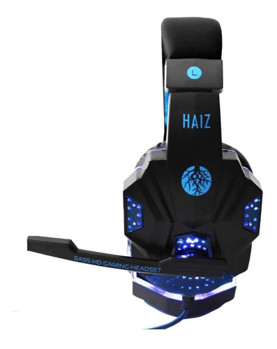 Fone de ouvido gamer Haiz Deneb preto e azul com luz azul LED