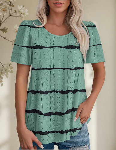 Blusas Para Mujer Con Cuello Redondo Y Manga Corta S A Rayas