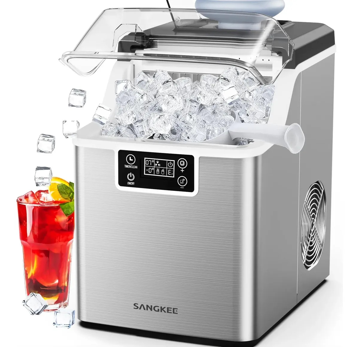 SANGKEE Maquina De Hielos Para Casa, 20kg/día, 24 Cubos De Hielo En 13 Minutos, Tamaño Ajustable, Temporizador 24h, Máquina Para Hacer Hielo Autolimpieza Y Cuchara De Hielo Para Co