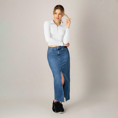 Blusa Corta Manga Larga Cremallera Mujer Cuello V Ajustada