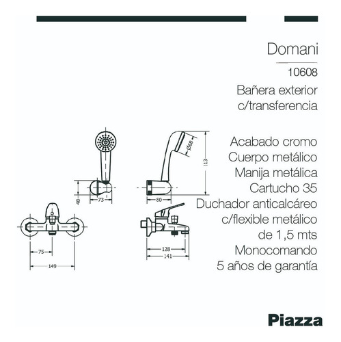 Imagen 3 de 5 de Grifería Ducha Baño Con Transferencia Piazza Domani C