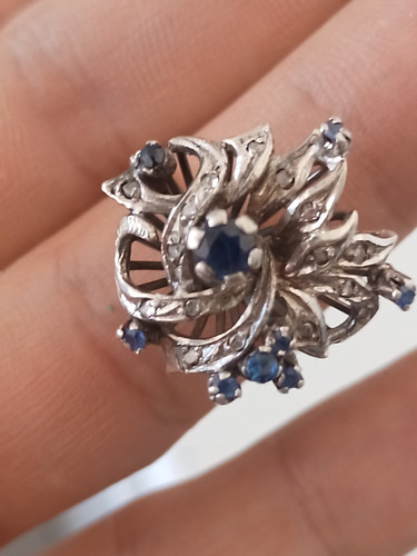 Anillo Plata Paladio Zafiros Y Diamantitos, Plateado (Usado)