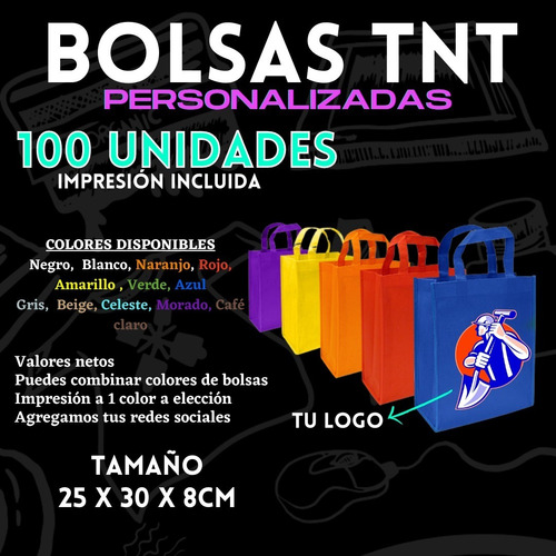 100 Bolsas Tnt 25x20x8 Cms Con Estampado 1 Color Elección