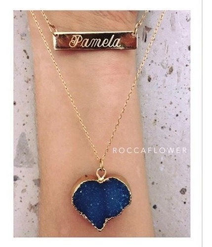 Collar Con Placa Grabada Y Piedra Corazon Druzy Chapa 21k