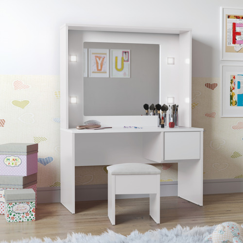 Penteadeira Infantil Com Led E Banqueta Branca