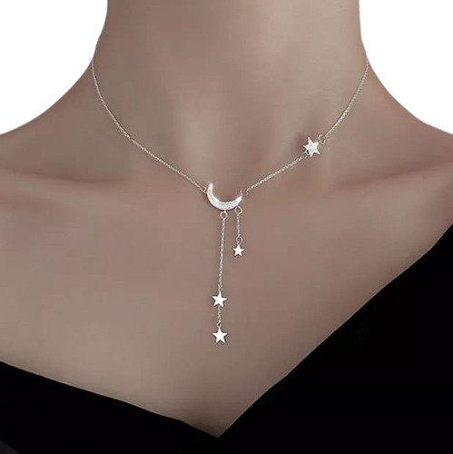 Collar Con Luna Y Estrellas Plateado Hermoso