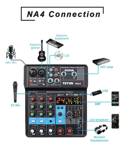Consola Mezclador Sonido 4 Canal Analógica Digital Dj Teyun