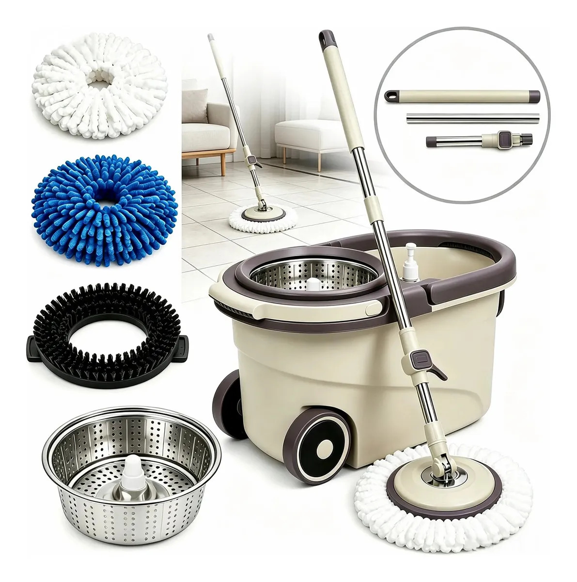 Mop giratório kit limpeza balde 16L cabo inox 1,2m com 4 refis chenille, algodão e escova para piso cerâmico e porcelanato residencial