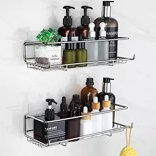 Organizador esquinero para ducha, paquete de 2 organizadores adhesivos con  ganchos, estante para ducha interior, estante de acero inoxidable