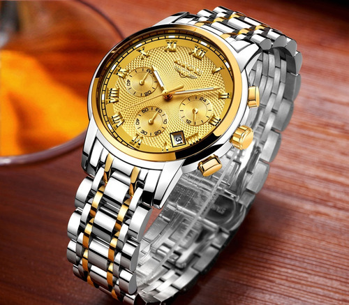 Relógio Analogico Dourado Aço Masculino De Luxo + Brinde