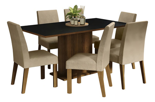 Mesa de Comedor con 6 Sillas Renata Madesa Color Rústico/Negro/Imperial Diseño de Tela Lisa