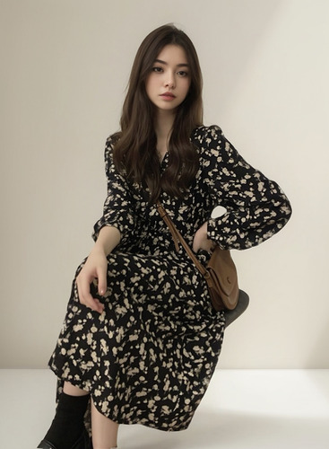 Zl Vestido Midi EvasĂȘ Floral De Manga Comprida Com Decote