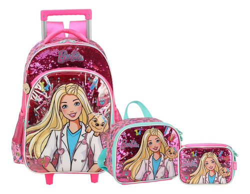 Kit Mochila Infantil Barbie Cachorrinho Paetê Rodinhas Tam G