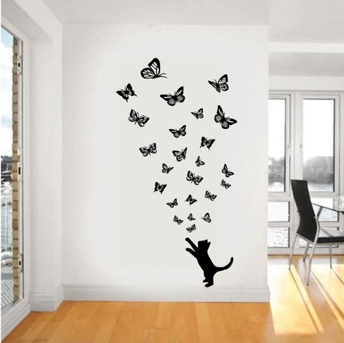 Vinilo Pared Gato Con Mariposas Un Color 110x210cm | Jota