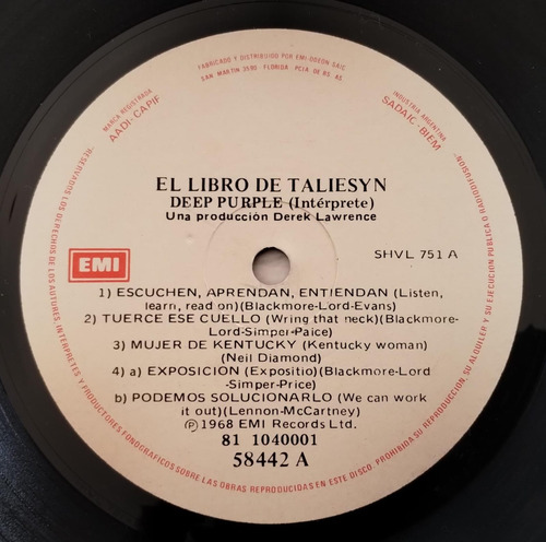 Deep Purple El Libro De Taliesyn Vinilo Lp Arg 1980s Estándar (Usado)
