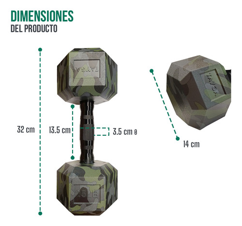 Par Mancuerna Hexagonal Pvc 25lb Tayga Camuflaje (11.25 Kg) Color Negro