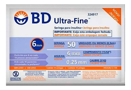 Jeringa de descartable para insulina descartable 0.5 mL BD 0.5 31g 6mm con aguja