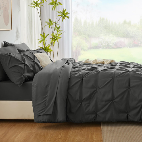 Edredón Queen Gris Oscuro 7 Piezas Ropa Cama Pliegues Estaci