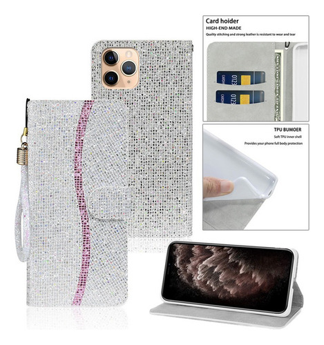 Estuche Tipo Billetera Con Purpurina Bling Funda Para iPhone