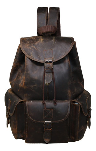 Mochila Vintage De Cuero De Bufalo Marron De 16 Pulgadas, Re