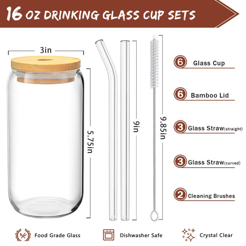 Vasos De Vidrio Con Tapas De Bambú Y Popote 8 Unidades Claro