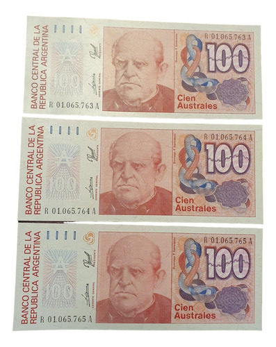 3 Billetes Correlativos 100 Australes Reposicion Excelentes