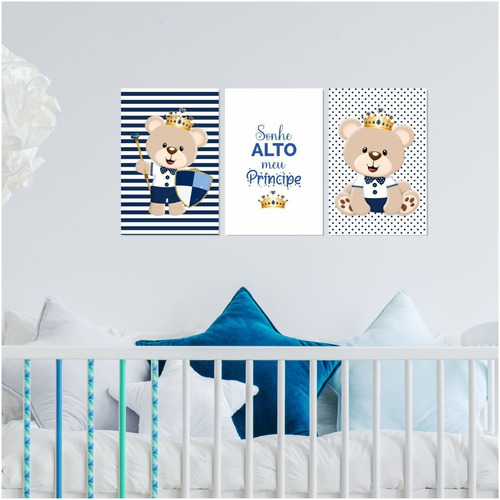 Kit 3 Quadro Placas Decoração Infantil Ursinho Urso Principe