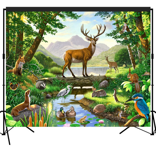 Fondo Escénico De Woods Animals Deer By Lake - Pancarta Gran