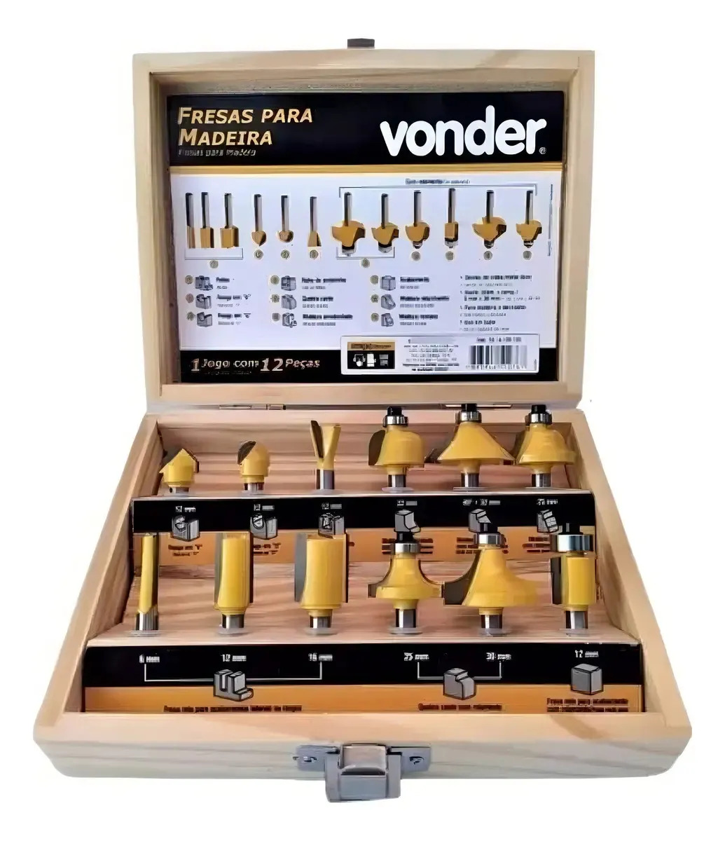 Jogo De Fresas Madeira 12 Peças Metal 6mm Vonder Kit Maleta
