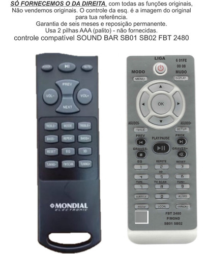 Controle Compatível Soundbar Sb01 Sb02 Fbt2480