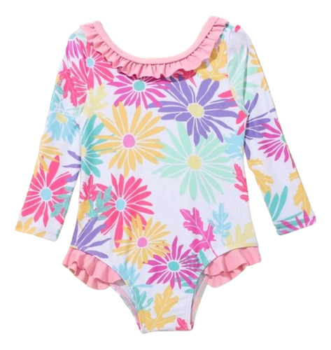 Traje De Baño Completo Manga Larga Niña Bebe Flores Multicol