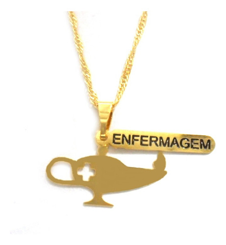 Colar Cordão Enfermagem Chapa E Placa Folheado Ouro 18k