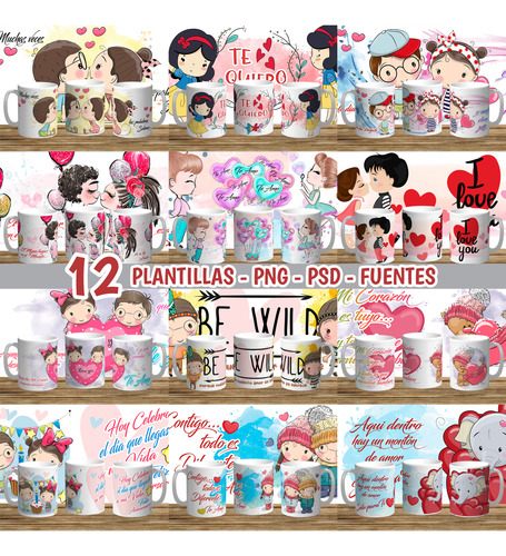 12 Plantillas San Valentin Novios, Sublimacion Tazas Amor