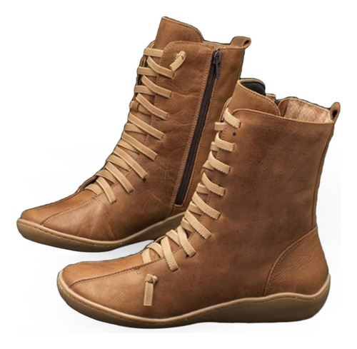 Botas De Cuero Para Mujer Con Punta Redonda Y Cremallera Lat