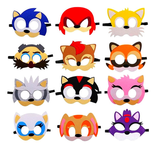 Pack 12 Mascaras Cumpleaños Sonic 2 Tela Fieltro Decoración