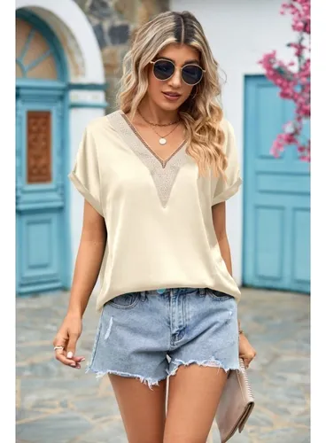 Elegante Camiseta De Satén Con Cuello En V Y Manga Corta