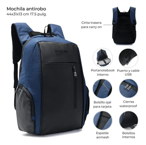 Mochila Antirrobo Wanderlust Go Portanotebook Color Azul Con Puerto Usb Impermeable Espalda Acolchada Bolsillo Para Tarjeta Reforzada Para Hombre Mujer Viajes Uso Diario Trabajo